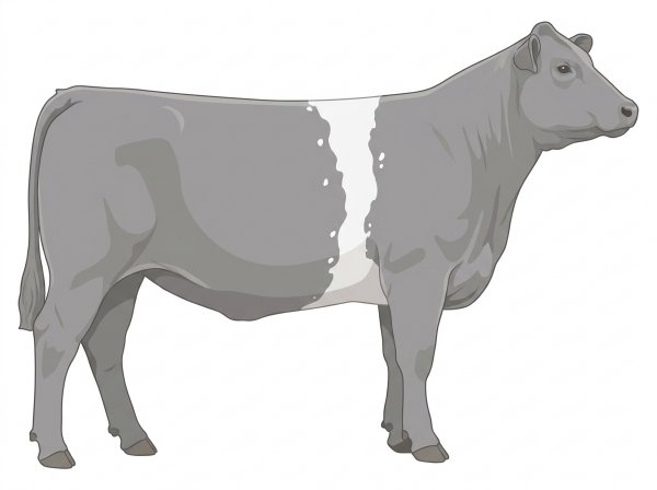 Gray with a white belt around the midsection, a few white spots and ticking in the white MaineTainer Heifer