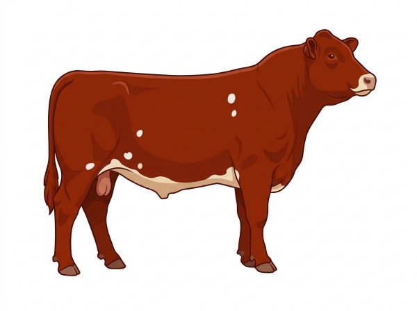 Red with a pale muzzle ring and lighter underline and a few white spots MaineTainer Bull