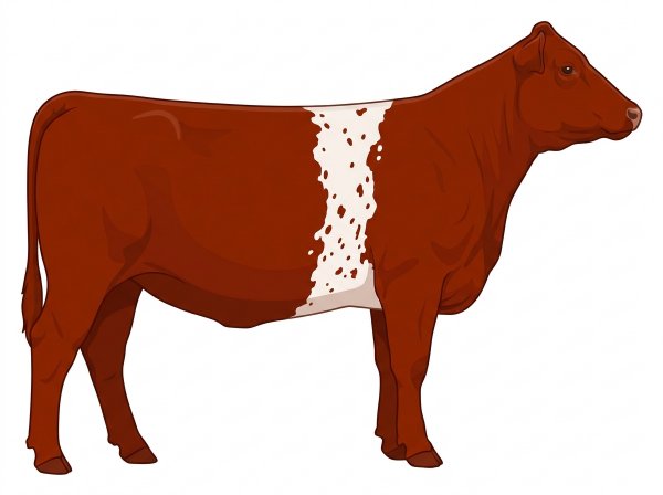 Red with a white belt around the midsection, white spots and ticking in the white MaineTainer Heifer