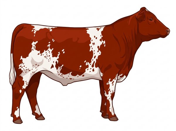 Red with white in large patches and ticking in the white MaineTainer Steer