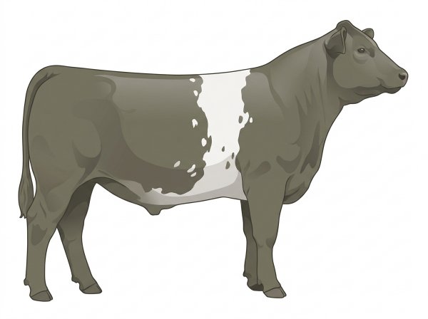 Smoky with a white belt around the midsection, a few white spots and ticking in the white MaineTainer Steer