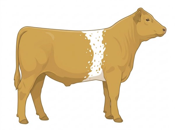 Yellow Dun with a white belt around the midsection, a few white spots and ticking in the white MaineTainer Steer