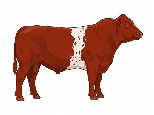 Red with a white belt around the midsection, white spots and ticking in the white Purebred Maine-Anjou Bull