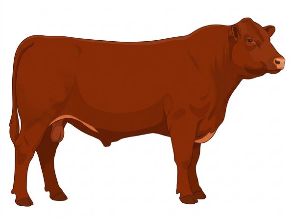 Red with a pale muzzle ring and lighter underline Red Angus Cross Bull