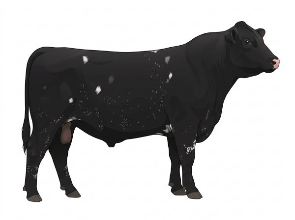 Black with a few white spots and ticking in the white Shorthorn Cross Bull