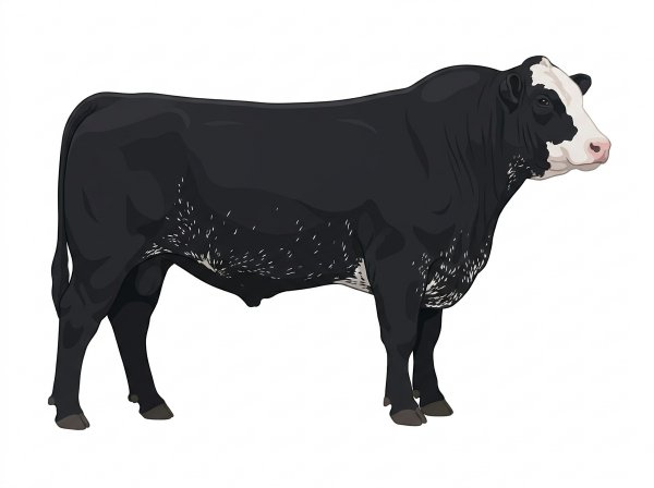 Black with a partial white face and ticking in the white Shorthorn Cross Bull