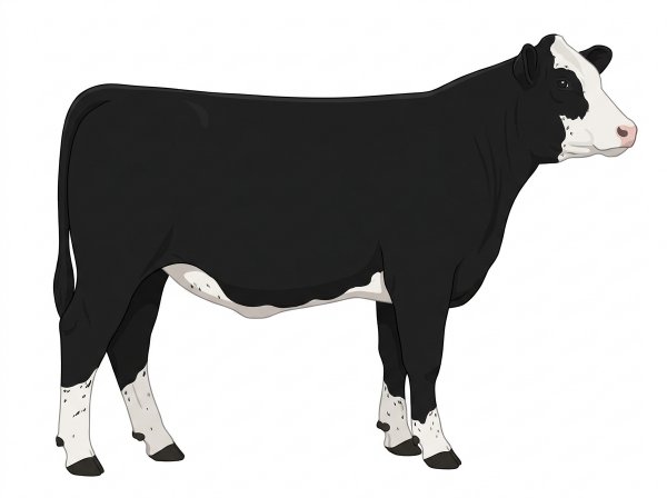 Black with a partial white face and ticking in the white Shorthorn Cross Heifer