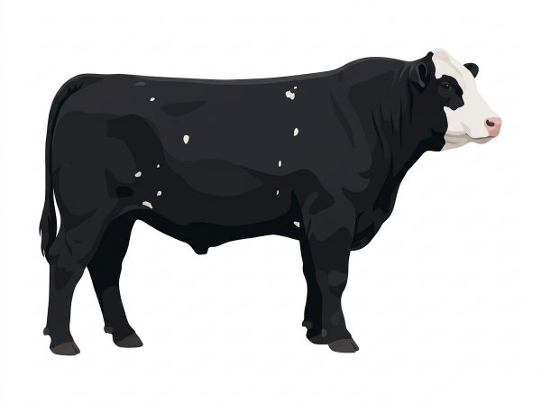 Black with a white face and a few white spots Shorthorn Cross Bull