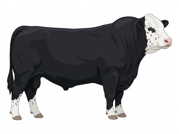 Black with a white face and ticking in the white Shorthorn Cross Bull