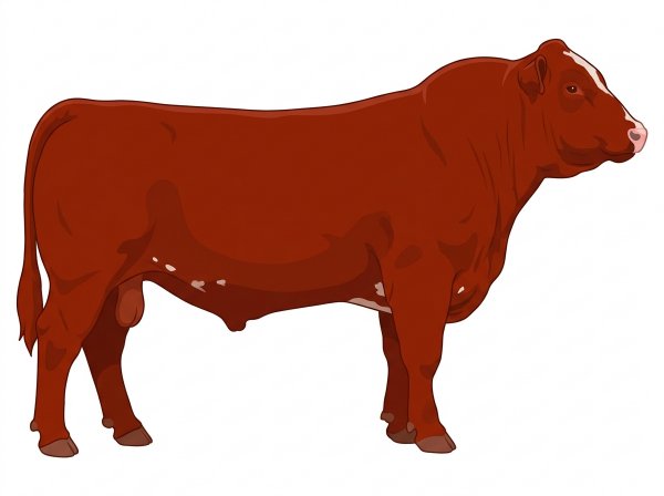 Red with minimal white face markings and a few white spots Shorthorn Cross Bull