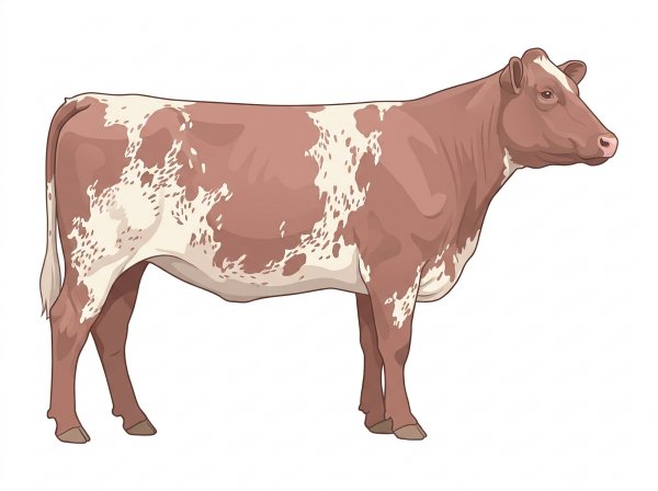 Heavy red roan with white in large patches and ticking in the white Shorthorn Heifer