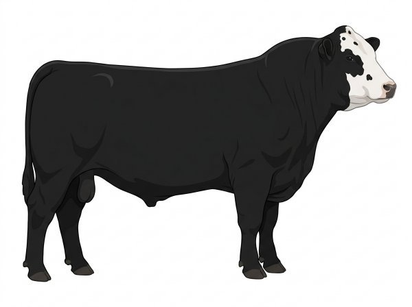 Black with a white face and a few white spots Shorthorn Plus Bull