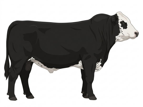 Black with a white face and ticking in the white Shorthorn Plus Bull