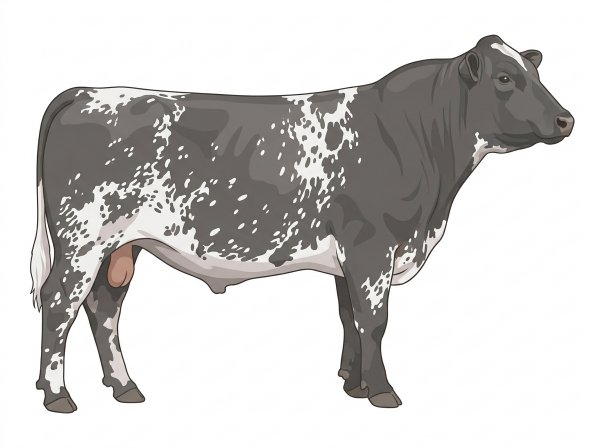Blue roan with a few white spots and ticking in the white Shorthorn Plus Bull