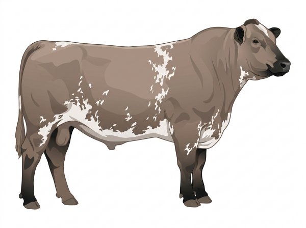 Brown roan with black points, a few white spots and ticking in the white Shorthorn Plus Bull
