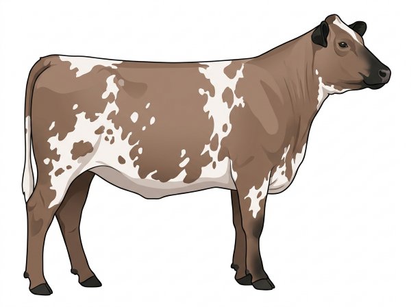 Brown roan with black points and white spots Shorthorn Plus Heifer