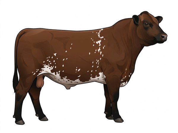 Brown with black points, a few white spots and ticking in the white Shorthorn Plus Bull