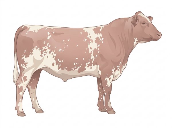 Heavy red roan with a few white spots and ticking in the white Shorthorn Plus Bull