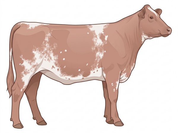 Heavy red roan with a few white spots and ticking in the white Shorthorn Plus Heifer
