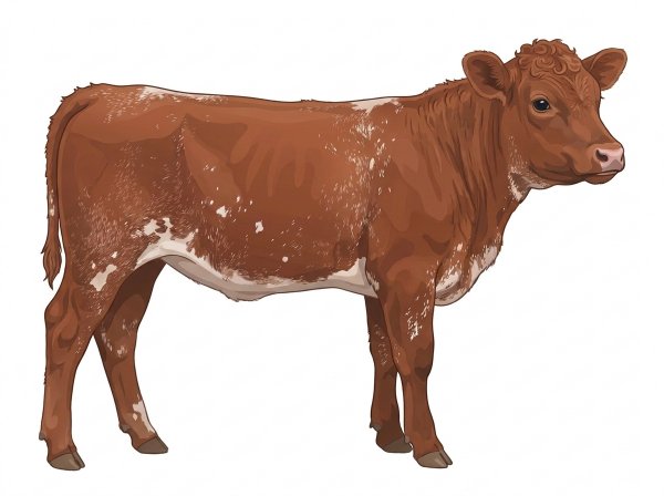 Red roan with a pale muzzle ring and lighter underline, a few white spots and ticking in the white Shorthorn Plus Heifer