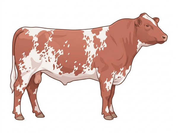 Red roan with white spots and ticking in the white Shorthorn Plus Bull
