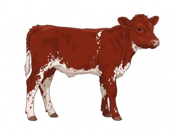 Red with a pale muzzle ring and lighter underline, white spots and ticking in the white Shorthorn Plus Bull