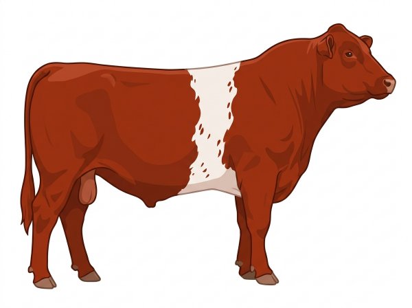 Red with a white belt around the midsection and ticking in the white Shorthorn Plus Bull