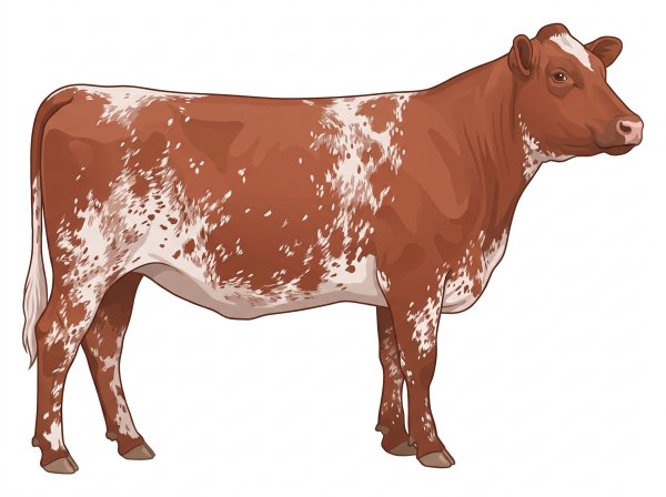 Red roan with white spots and ticking in the white Shorthorn Heifer