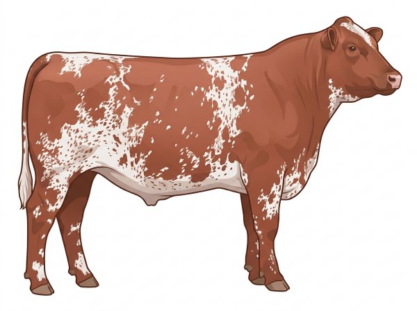 Red roan with white spots and ticking in the white Shorthorn Steer