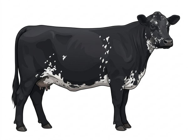 Black with a few white spots and ticking in the white SimAngus Cow