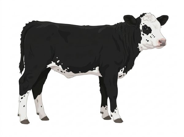 Black with a partial white face, a few white spots and ticking in the white SimAngus Cow