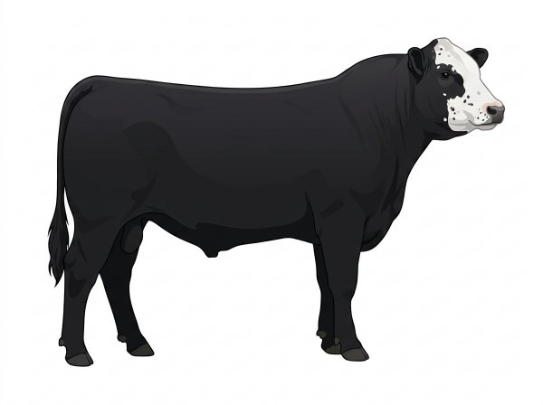 Black with a partial white face, a few white spots and ticking in the white SimAngus Bull
