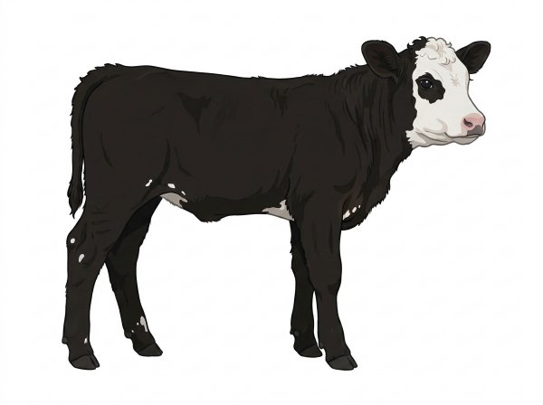Black with a partial white face and a few white spots SimAngus Bull
