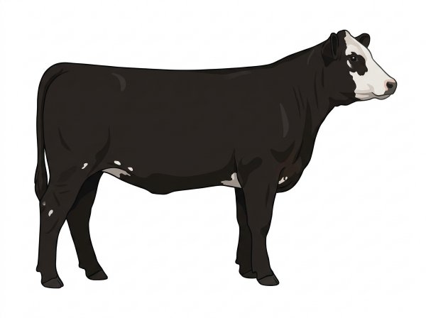 Black with a partial white face and a few white spots SimAngus Heifer
