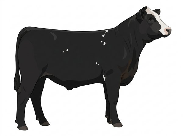 Black with a partial white face and a few white spots SimAngus Steer