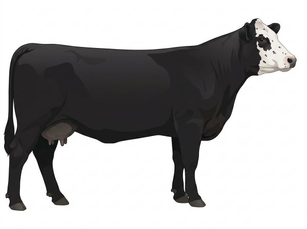 Black with a partial white face and ticking in the white SimAngus Cow