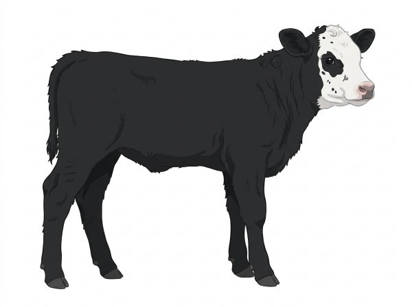 Black with a white face, a few white spots and ticking in the white SimAngus Cow
