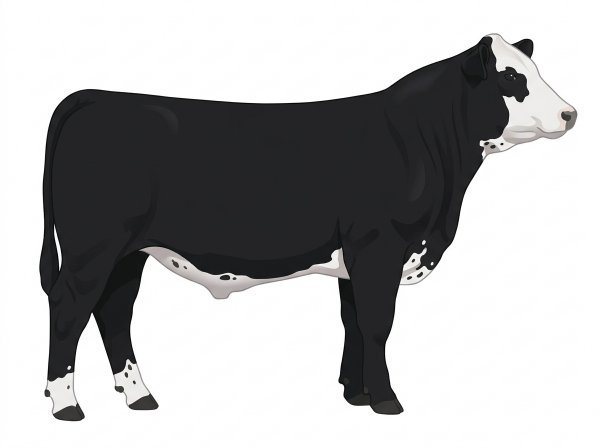 Black with a white face, a few white spots and ticking in the white SimAngus Steer
