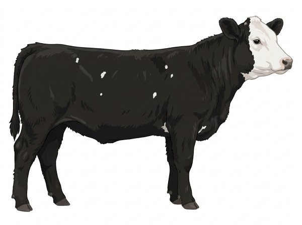 Black with a white face and a few white spots SimAngus Cow