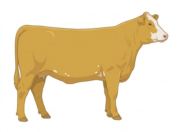 Gold with a partial white face and a few white spots SimAngus Cow