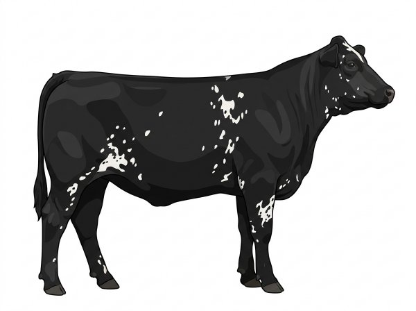 Black with a few white spots and ticking in the white Simmental Cross Heifer