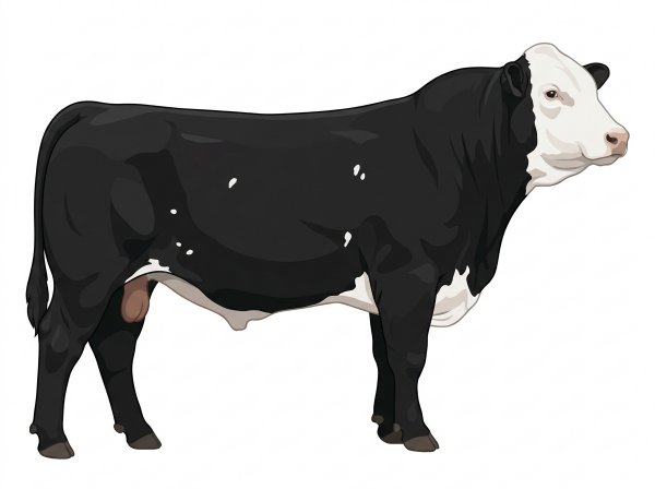 Black with a full white face, white brisket and underline and a few white spots Simmental Cross Bull
