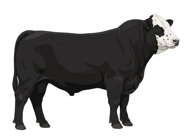 Black with a partial white face, a few white spots and ticking in the white Simmental Cross Bull