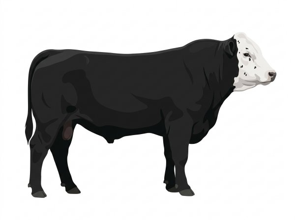 Black with a white face, a few white spots and ticking in the white Simmental Cross Bull