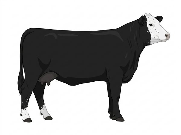 Black with a white face, a few white spots and ticking in the white Simmental Cross Cow