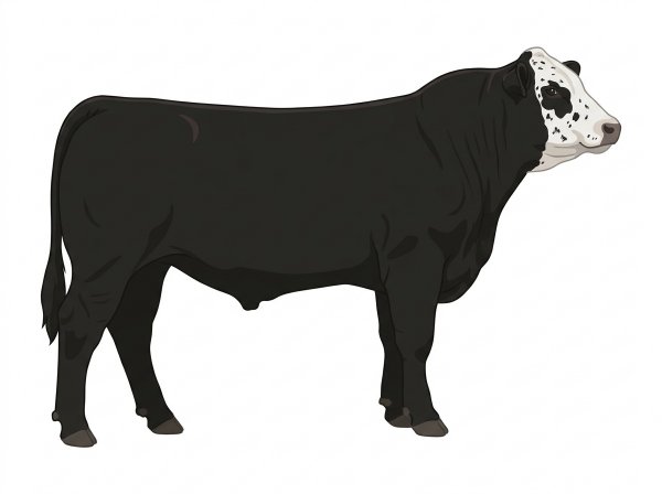 Black with a white face and ticking in the white Simmental Cross Bull