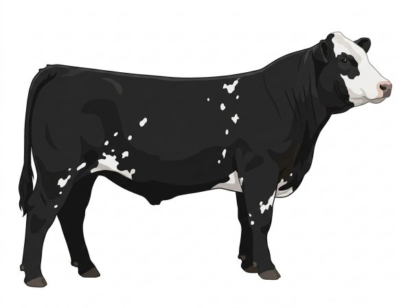 Black with a white face and white spots Simmental Cross Steer
