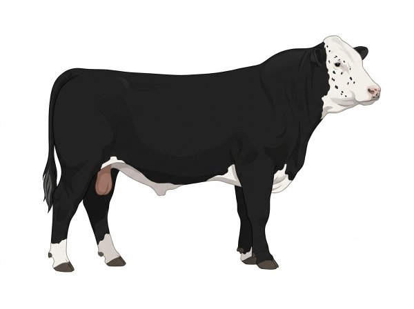 Black with a white face, white spots and ticking in the white Simmental Cross Bull