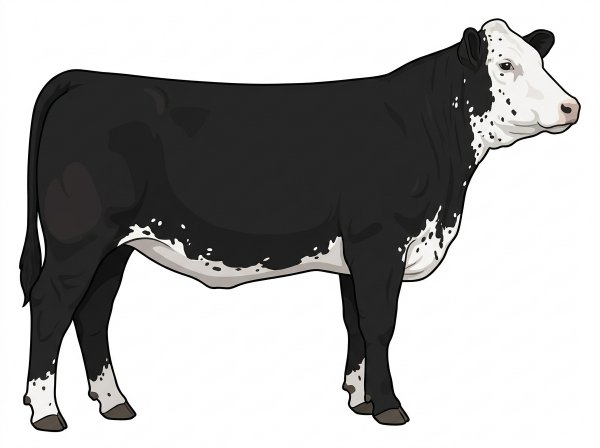Black with a white face, white spots and ticking in the white Simmental Cross Heifer