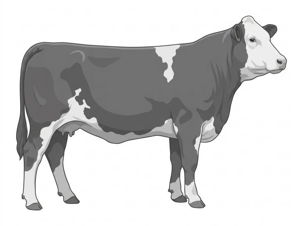 Gray with a white face and white spots Simmental Cross Cow